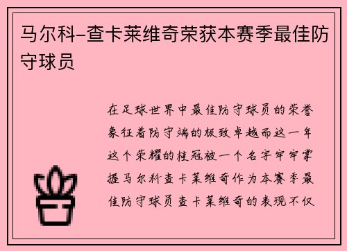 马尔科-查卡莱维奇荣获本赛季最佳防守球员