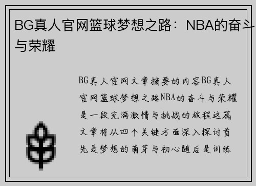 BG真人官网篮球梦想之路：NBA的奋斗与荣耀